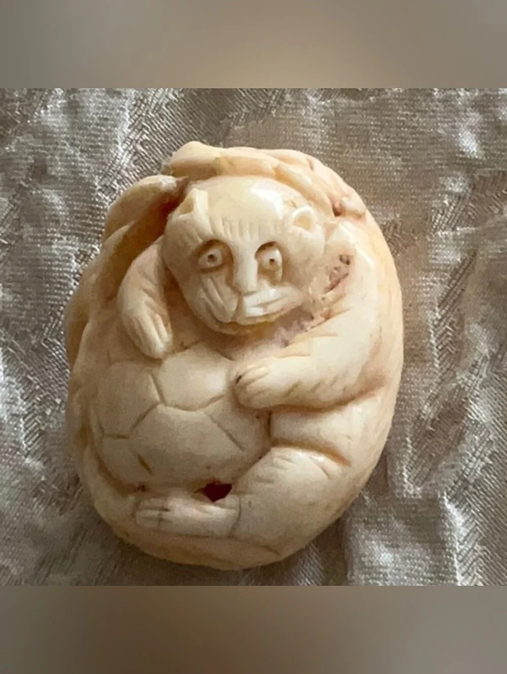 Vintage Netsuke Cat With Ball Carved Bead- Soft Cream Nest